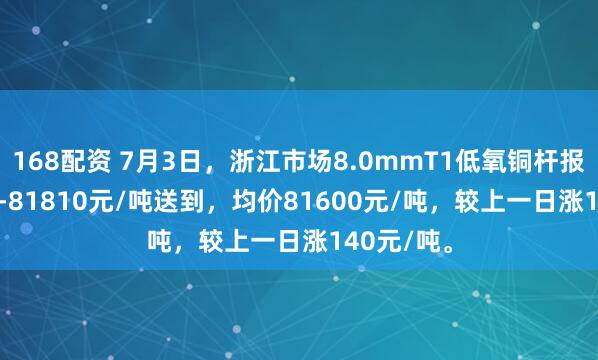 168配资 7月3日，浙江市场8.0mmT1低氧铜杆报价81390-81810元/吨送到，均价81600元/吨，较上一日涨140元/吨。
